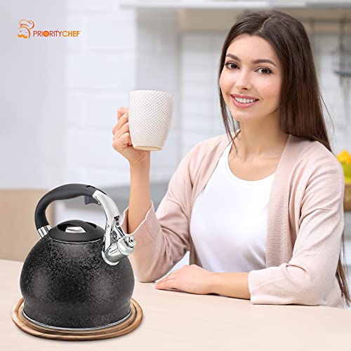 Prioritychef Tea Kettle For Stovetop, Soft Touch Rapidcool Handle, Won't Rust Food Safe Stainless Steel Teapot Body, Whistling Tea Pot Compatible With All Stove Tops, Black #TOP3