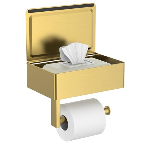 FORIOUS Toilet Paper Holder with Shelf Sanitary Napkin Receptacle Tampon Holder Wall Mount Toilet Paper Holder with Storage Flushable Wipes Dispenser Fits for Bathroom Commercial(1 Brushed Gold)