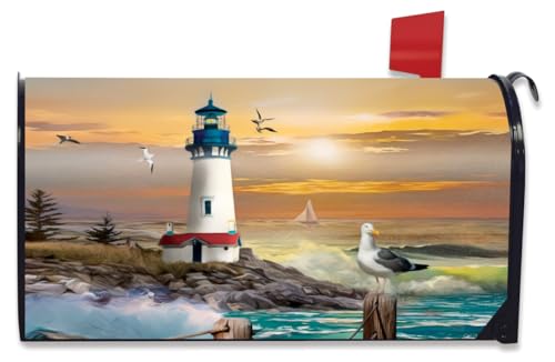 Image of Briarwood Lane Sunset Lighthouse Summer Large Oversized Mailbox Cover