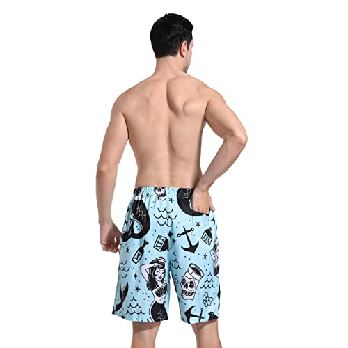 Sara Nell Men's Swim Trunks Mermaid And Skull Mint Blue Surfing Beach Board Shorts Swimwear #TOP5