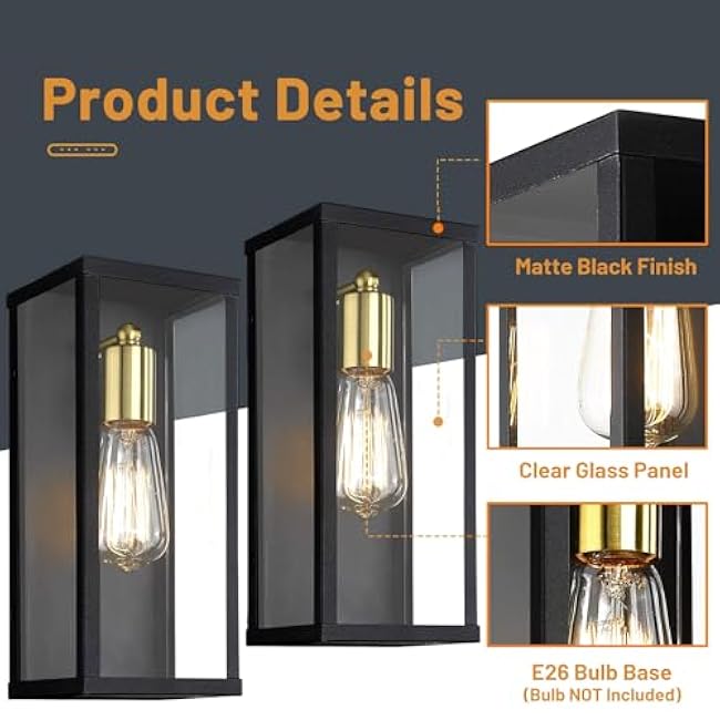 Outdoor Wall Light Fixtures, Exterior Wall Lantern Sconce Matte Black Outside Porch Lights for House with Clear Glass, Modern Wall Lamps for Patio Garage Entryway Front Door 2 Pack KW-7224-2