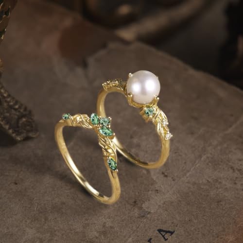 Natural White Pearl Engagement Ring Set for Women - Gold Pearl Rings for Women 10K 14K 18K Wedding Birthday Anniversary Jewelry Gifts for Mom Women (AAA Quality)3