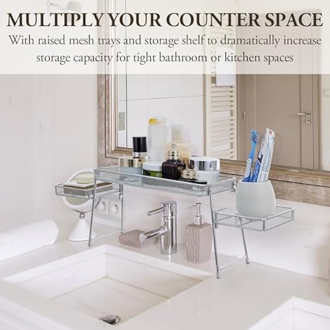 MyGift Chrome Plated Metal Over The Sink Organizer Shelf Rack, 3 Tiered Bathroom or Kitchen Sink Storage Display Caddy