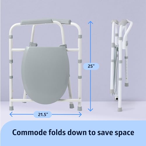Medline 3-in-1 Steel Bedside Commode, Elongated Seat, Sturdy Folding Frame, 7.5 QT. Bucket, 350 lb. Weight Capacity, Clip-on Seat, Easy Cleaning, Tool-Free Assembly, Gray - Thumbnail 3