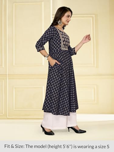 Image of rangita Navy Blue Cotton Calf Length Embroidered Anarkali Kurti for Women | Kurta for Women