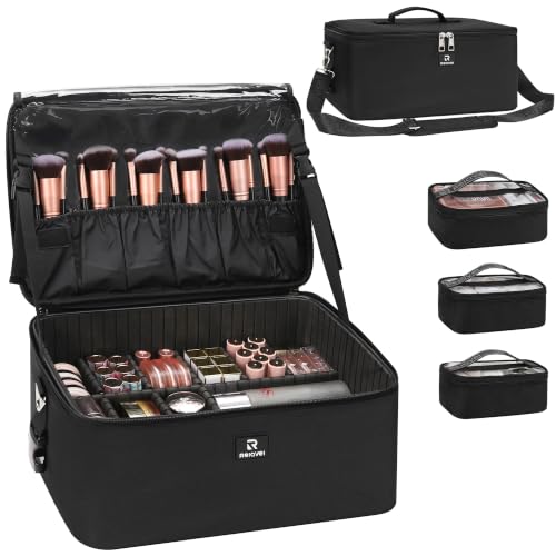 Relavel Makeup Bag Large Makeup Case Professional Cosmetic Storage Organizer Box Brush Holder with 3 Clear Set Bags for Makeup Artists with Shoulder Strap & Adjustable Dividers