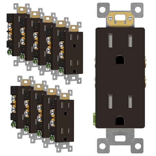 Image of ENERLITES 10 Pack Brown Decorator Receptacle, Standard Electrical Wall Outlet, 15A 125V, Self-Grounding, 2-Pole, 3-Wire, 5-15R, UL Listed, 61502-TR-BR, Tamper Resistant