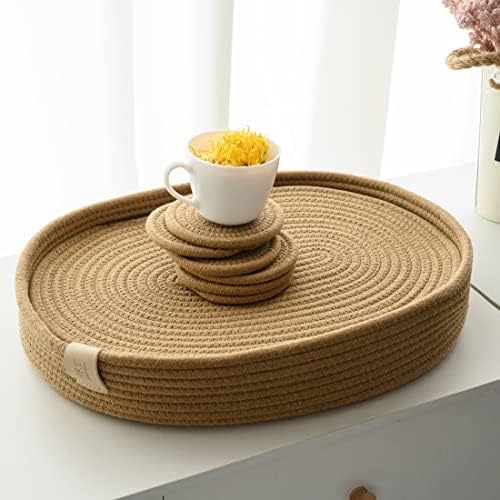 Art Pinecone's Woven Cotton Rope Placemat Set of 6, 16 * 12 inches Oval. Heat Resistant and Non-Slip Rope Placemats - Complete with Holder and Perfect for Table Decor! (Plus 6 coasers, Beige)