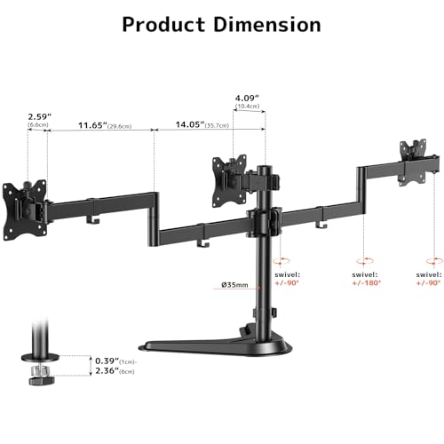 Triple Monitor Stand, Full Motion Adjustable Arm Fits 3 Screens up to 27 inch, Free Standing Desk Stand with Base and Cable Management, 22 lbs Weight Capacity per Arm, 75/100 mm VESA, Black by PUTORSEN - Image 7