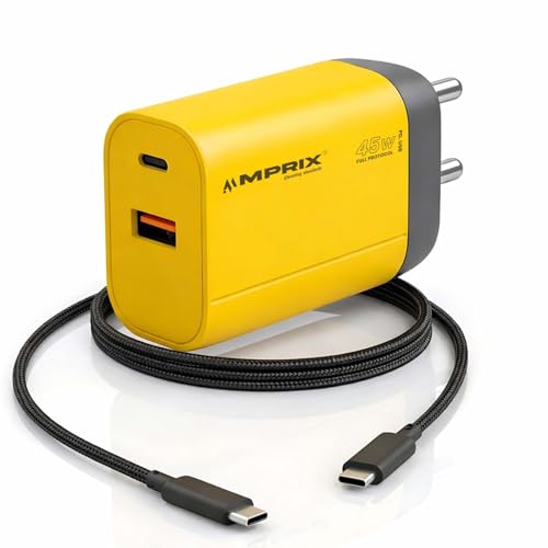 Image of Premium 45W GaN (USB & Type-C) Dual Port Super Fast Charger, Power Delivery 3.0 & USB-A Fast Charging Adaptor with Type-C to C Braided Cable for iPhone, Android & Other Type C Devices (Yellow)