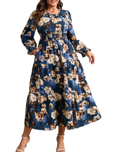 Plus Size Fall Floral Maxi Dress Long Sleeve...