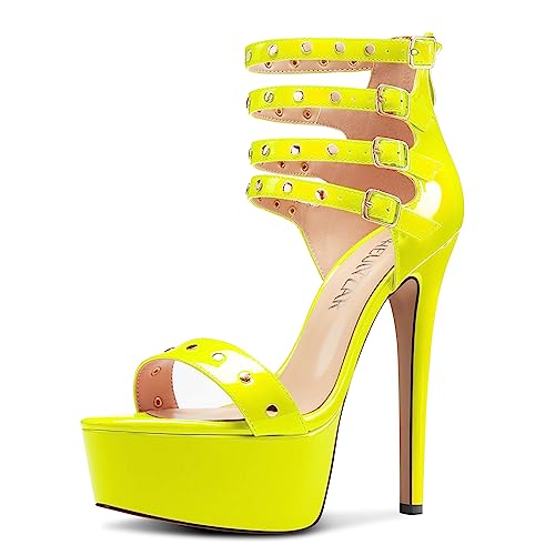 HEUIVZAR Womens Platform Stiletto High Heel Peep Open Toe Sandals Ankle Strap Zipper Buckle Party Gladiator Patent Leather Summer Shoes Yellow 8 UK