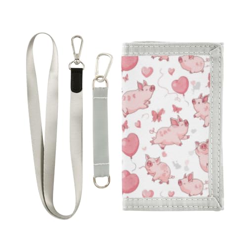 Wusikd Cartoon Pink Piglets Kids Wallet for Boys Girls Hearts Balloons Butterflies Toddler Trifold Wallet Novelty Wallet for Teens Women Men
