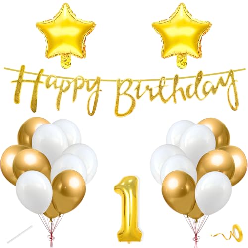 Image of Flyloons 1st Happy Birthday Decoration Kit Gold White for Baby Boys Girls Kids Twins With 20 Pcs Chrome Balloons Birthday Banner 2 Pcs Star Items Set Golden