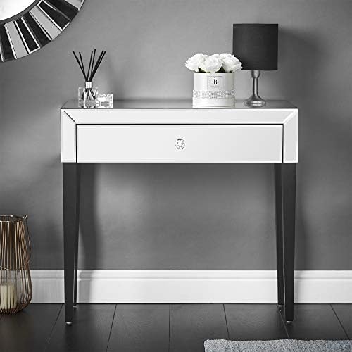 CARME Laguna Mirrored Dressing Table with 1 Drawer Crystal Handle Modern Style Glass Design Makeup Vanity Table Cosmetic Jewellery Storage Organiser Bedroom Furniture (Laguna Silver)