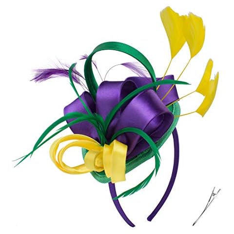 FELIZHOUSE Mardi Gras Fascinator Hats for Women Ladies Feather Cocktail Party Hats Bridal Headpieces Ascot Fascinator Headband (Satin Mardi Gras) Cover