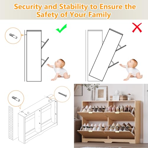 Image of BORNOON Large Shoe Cabinet for Entryway, Shoe Rack Cabinet with 4 Flip Drawer and Adjustable Shelves for Small Apartment, Foyer