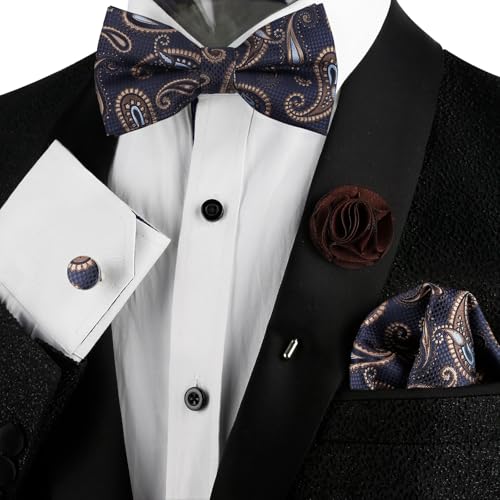Image of Alizeal Mens 4pcs Vintage Paisley Bow Tie Set | Pre-tied Pocket Square Cufflinks Boutonniere for Wedding Everyday Use