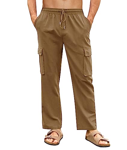 PASLTER Mens Linen Cargo Pants Lightweight Elastic Waist Drawstring Casual Loose Summer Beach Yoga Pants with Pockets