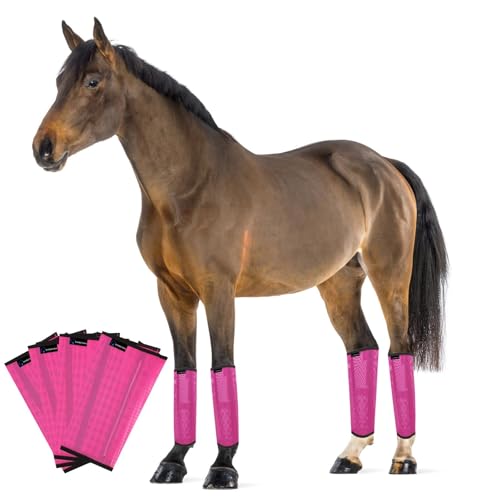 Image of FOXLVDA Pony Fly Boots (Donkey /Mini Horse), Set of 4 - Loose Fitting Design, Breathable, Adjustable & UV Protective with Support Bars for Reduce Stomping & Leg Fatigue, 13hh-14.2hh (Pink, Medium)
