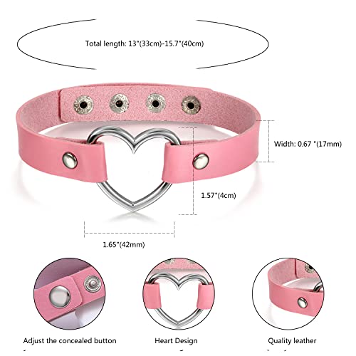 Flongo Choker Leder Halsband Lederhalsband Damen, Leder Halskette Halsband Anhänger Choker Tattoo Kette Pink Silber Herz Einstellbar Verstellbar Gothic Punk Rock Damen