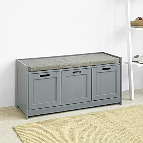 Haotian FSR80-SG, Grey Storage Bench with 2 Cabinets, 1 Drawer & Seat Cushion, Shoe Cabinet Storage Unit Bench