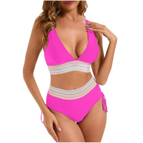 EMATOP Bikini da donna, sexy, costume da bagno a vita alta, in cotone, tinta unita, due pezzi, effetto avvolgente, pizzo e scollo a V, elegante costume da bagno per donne estive, 22-hot rosa, L