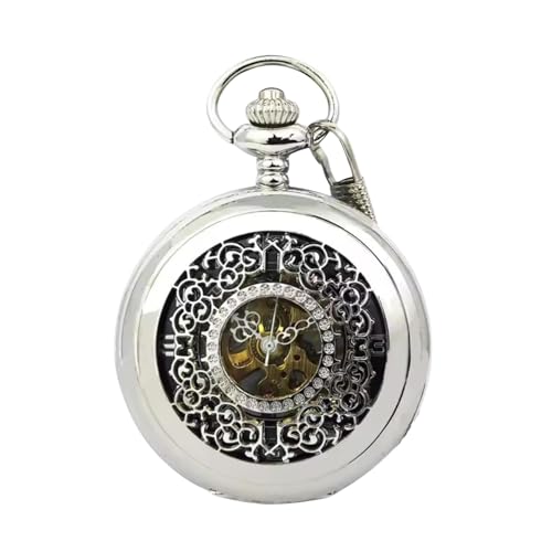 Image of TruClothing Mechanical Skeleton Half Hunter Antique Brass Vintage Pocket Watch with Chain - Silver One Size