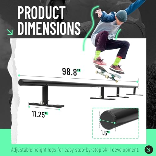 Gelacie 98.8\" Round Skate Rail for Skateboards, Scooters & Inline Skates - 3-Step Height Adjustable Grind Rail, Heavy-Duty Skatepark Rail for Skill Progression