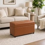 Storage Ottoman Bench, 32-Inch Faux Leather Footstool, Brown - Image 6