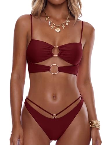 ANRABESS Bikini Sets for Women Summer Sexy Double Loop Cheeky Thong Bathing Suits Beach Vacation Swimwear Deep Red X-Large