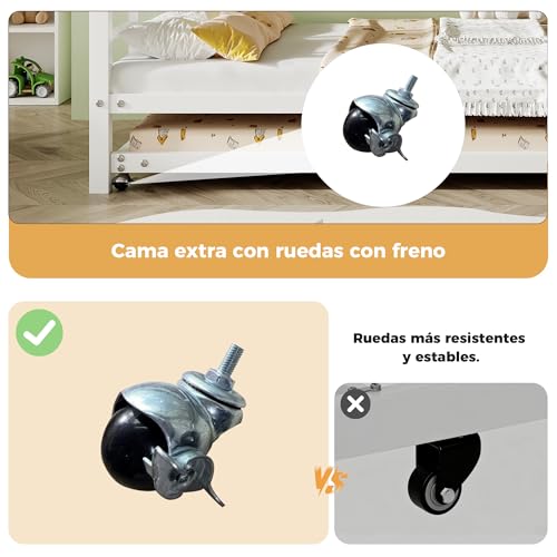 Miniatura 5 de Odikalo Literas 3 Camas 90x200 Cm Con Cama Extraíble 90x190 Cm Incluidas Las Pastillas De Freno, Marco De Camas De Metal Con Barreras De Seguridad, Con Somier De Láminas, Sin Colchón, Blanco