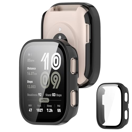 JXRICH �Ή� Amazfit Bip 6 �P�[�X �Ή� 46mm �y�� PC+�����K���X amazfit bip 6 �p �ی�J�o�[ �����x �����ȒP �ϏՌ� �S�ʕی� Amazfit Bip 6 �J�o�[ 46mm �Ή� (�u���b�N)