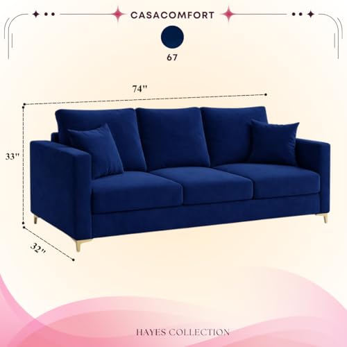 Image of Hayes Rich Velvet Suede 3 Seater Sofa | Golden Aesthetic Legs | Spacious Soft Touch Comfort Seating | Modern Sofa for Living Room (Dark Blue)