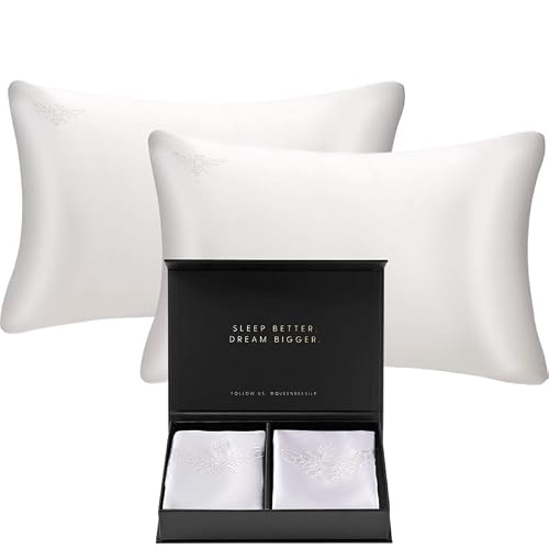 QUEEN BEE SILK - 2 Pack Silk Pillowcase for Hair and Skin - 22 Momme Mulberry Silk - Charmeuse Weave - Envelope Closure - Standard Size - White
