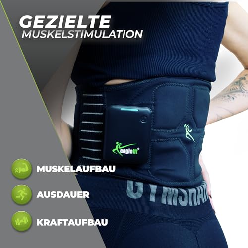 eaglefit Premium EMS-Belt 2.0 Bauchmuskeltrainer mit 6 Elektroden - Bauchgurt für Muskelaufbau & Muskelstimulation, Gürtel für Bauch & Rücken, Bauchtrainer, Rückengürtel Fitness - inkl. App & Powerbox