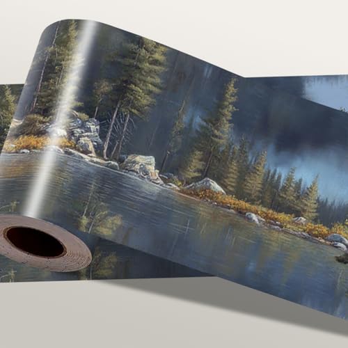 IOHEFY Forest Lake Wallpaper Border 196x4 Inch Peel and Stick Wall Border Self Adhesive Nature Landscape Removable Vinyl Trim for Living Room Bedroom Bathroom Kitchen Cabinet Decoration