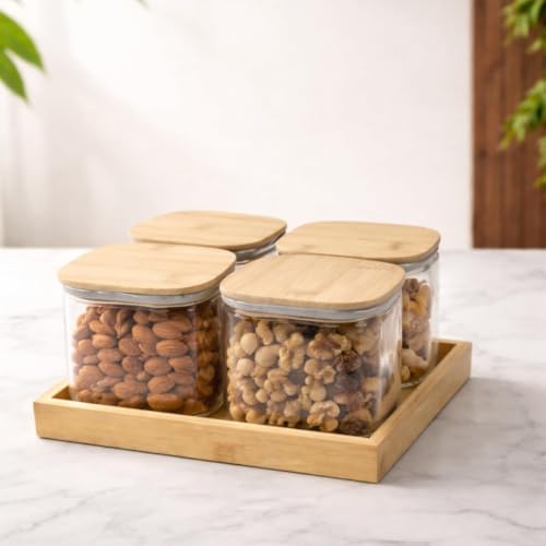 Image of Borosilicate Transparent Glass Storage Jar Set with Bamboo Tray, Set of 4 (500ml) Airtight Square Glass Containers with Bamboo Lids & Silicone Seal, Dry Fruit Storage Jars for Spice