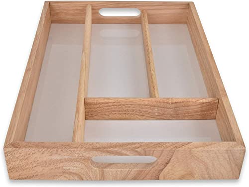 AHS Small Wooden Cutlery Tray - Rubberwood Adjustable 4 Compartment Box - Heavy Duty Cutlery Tray For Drawer - Kitchen Accessories Storage for Knives Forks Spoons - 32cm x 24cm x 4cm approx