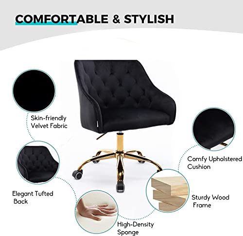Ssline Elegant Velvet Desk Chair For Girls Women Modern Swivel Office Computer Chair On Wheels Cute Vanity Chair Leisure Chair W/Arm For Home Study Living Room (A Type-Black&Gold) #TOP3