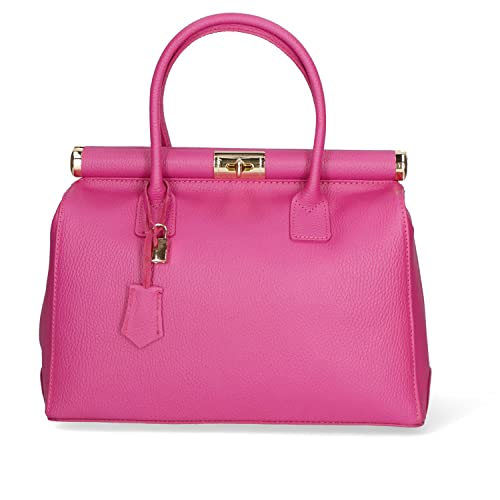  Chicca Borse Handbag Borsa a Mano da Donna con Tracolla in Vera Pelle Made in Italy 35x28x16 Cm (Fucsia D02)