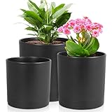 Meowell 6/5/4 inch Flower Pots, Set of 3 Cylinder Plant Pots for Small Indoor Outdoor Plants, Plastic Planters with Drainage Holes and Saucers for Garden Succulent Nursery House Plants, Black