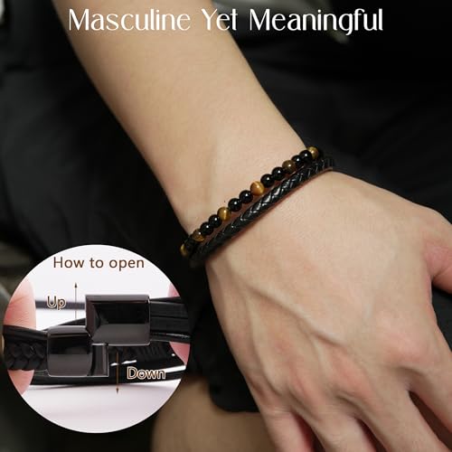 The Guardian - Son's Tiger Eye Protection Bracelet for Men, To My Son Bracelet from Mom Leather Black Beaded Bracelet, Handmade Cuff Inspirational Jewelry for Gift for Christmas Birthday (Yellow Tiger's Eye, 9 Inches)