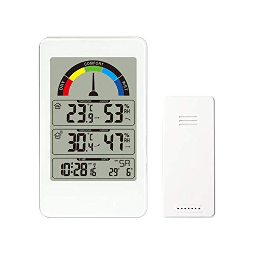 Komfortanzeigethermometer, Wetteruhr, digitaler elektronischer Wandwecker an der Wand, Wetterstation für Temperatur und Luftfeuchtigkeit im