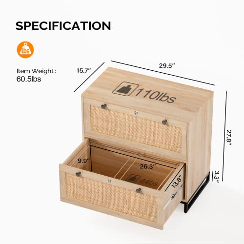 Vingli Wood Rattan 2-Drawer Lateral File Cabinet With Lock For Home Office, Lockable Filing Cabinet With Rustic Metal Handles For Hanging Letter/A4/Legal Size Labeled Folders, Oak, 30W X 16D X 28H #TOP1