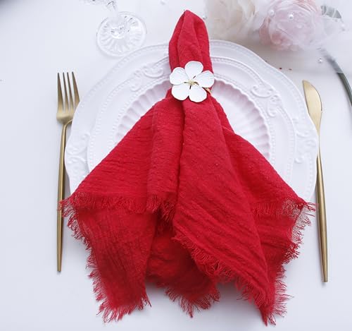 Cloth Napkins with Fringe Set of 12,100% Soft Cotton, Gauze Washable Napkins for Wedding Decorative,Valentine's Day, Dinner Parties,(16''*16'') Red by JINVASE - Used condition - US$18.43