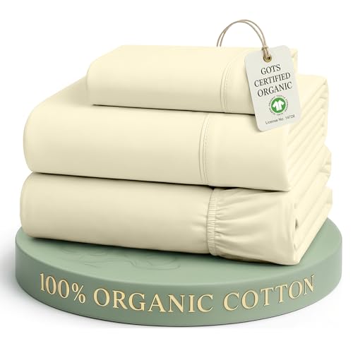 Image of LANE LINEN 100% Organic Cotton Sustainably Produced Twin XL Bed Sheets, Mercerized Fully Elasticized Percale Perfect for Hospital Bed & Dorm Room, Reinforced Seams Twin XL Sheets-Vanilla