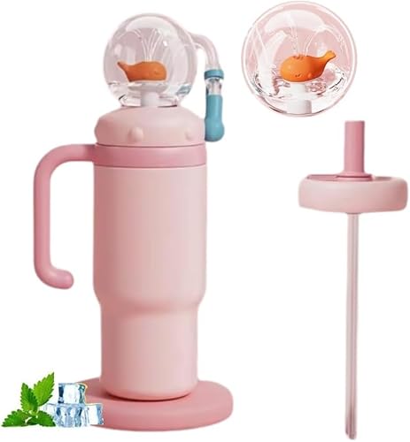24oz Fountain Tumbler Stainless Steel Whale Fountain Tumblers With Handle, Spill-proof Insulated Water Bottle With Two Lids, Cute Fountain Tumbler, Pink, 100 ml