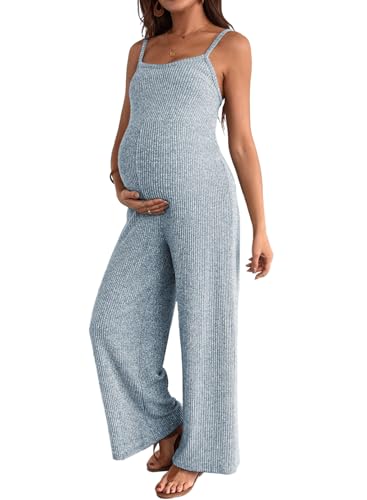 BLENCOT Women's Jumpsuits Casual Ribbed Adjustable Strap Sleeveless Wide Leg Long Pants Maternity Jumpsuit Litght Blue Small