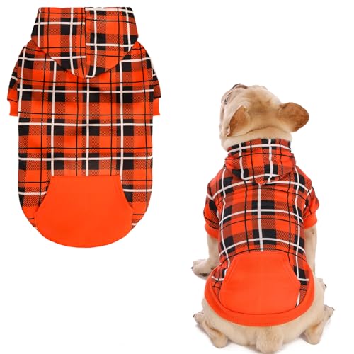 EXPAWLORER Plaid Dog Hoodie - British Style Warm Dog Sweater Shirt with Leash Hole,Pitbull Clothes Outfits,Winter Coat Apparel for All Breeds Puppy Girl Boy-Cat Apparel,Orange Small